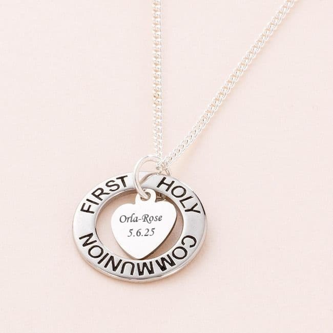 ***UK CUSTOMERS ONLY*** Girls First Holy Communion Ring Necklace with Personalised Heart Pendant