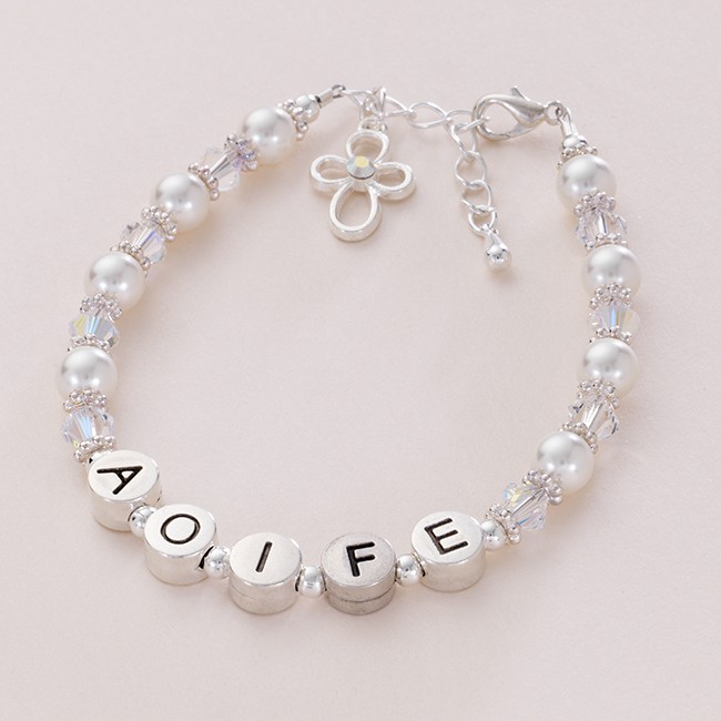 ***UK CUSTOMERS ONLY*** Pearls & Crystals with Cross Charm Name Bracelet
