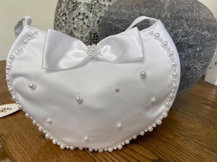 White Heart Shaped Communion Bag with Pearls - CB115