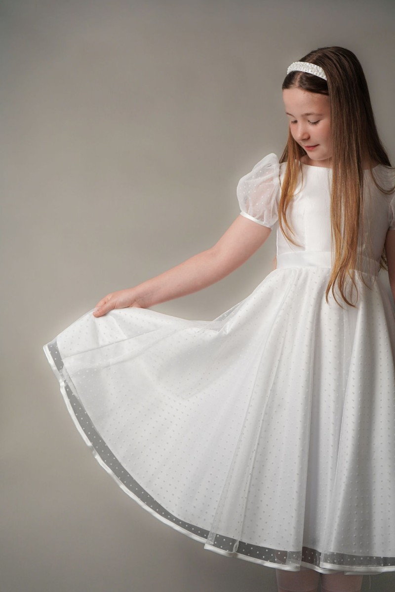MADE TO ORDER - Exclusive for Communion Angels - Dotty Bally Length Communion Dress