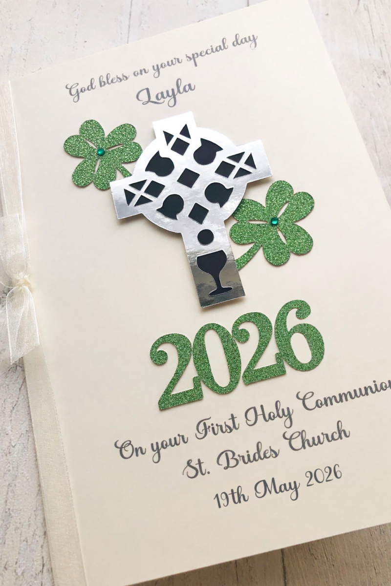 ***UK CUSTOMERS  ONLY*** Personalised Irish First Communion Card for Boy or Girl -  Celtic Cross and Shamrocks
