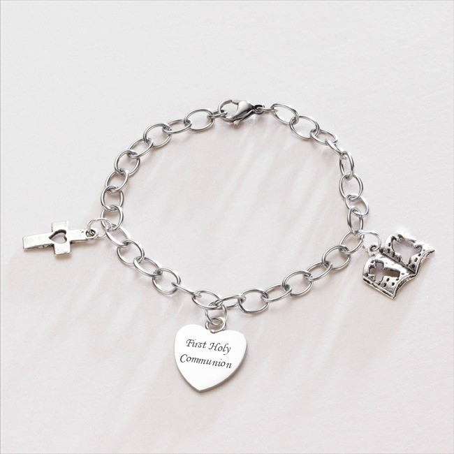 ***UK CUSTOMERS ONLY*** Girls Charm Bracelet with Cross, Bible and Personalised Heart Charm