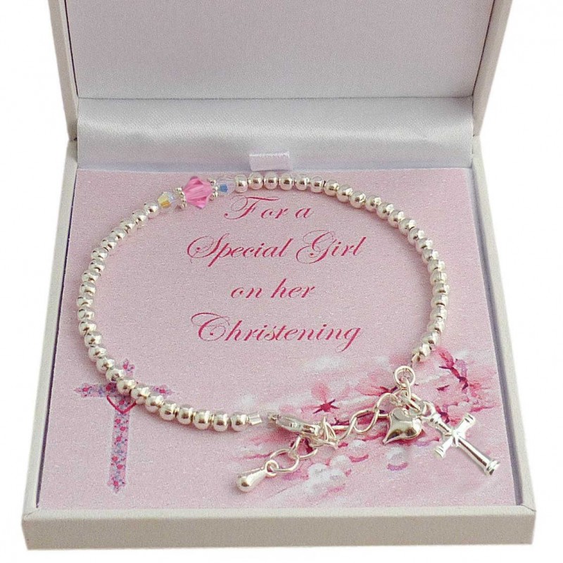***UK CUSTOMERS ONLY*** Christening Bracelet with Silver Beads, Cross & Birthstone