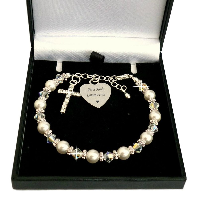 ***UK CUSTOMERS ONLY*** Engraved First Holy Communion Bracelet with Sparkly Cross