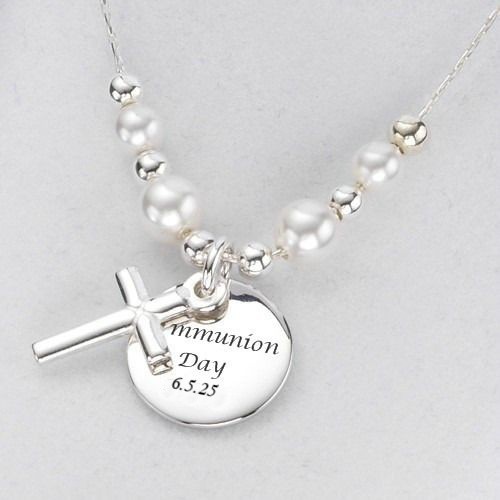 ***UK CUSTOMERS ONLY*** Engraved Sterling Silver and Preciosa Pearl Communion Necklace
