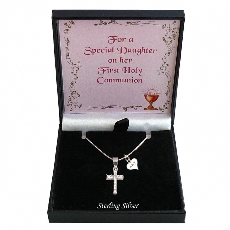 Silver and Crystal Cross Necklace, Personalised Gift for First Holy Communion