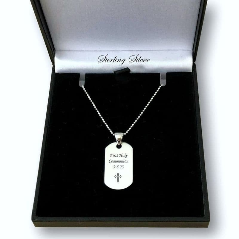 ***UK CUSTOMERS ONLY*** Engraved First Holy Communion Dog Tag Necklace for Boy or Man, Sterling Silver