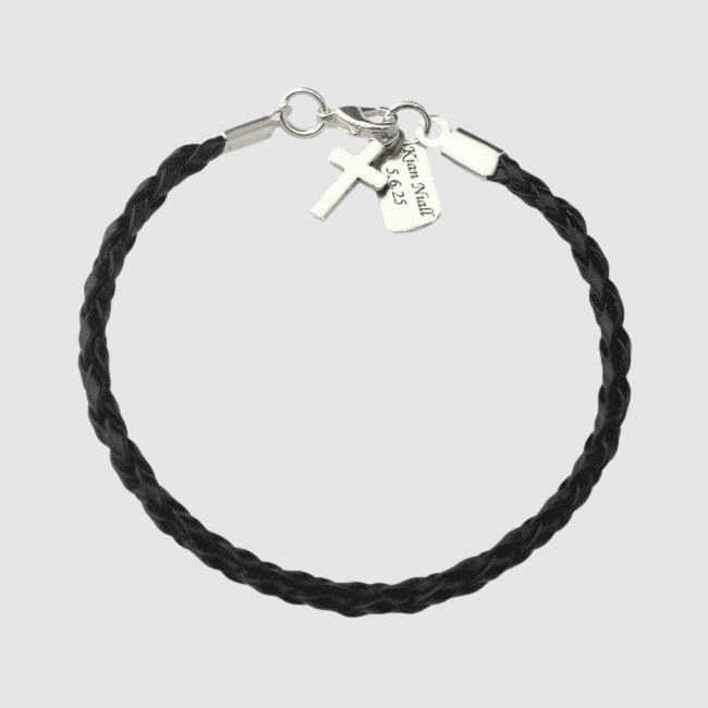 ***UK CUSTOMERS ONLY*** Boys Fashionable trendy Leather Bracelet with Cross and Personalised Tag