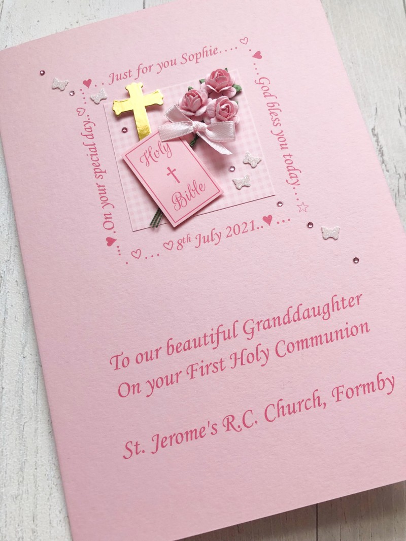 ***UK CUSTOMERS ONLY*** Girls Personalised First Communion Card - Bible & Pink Flowers