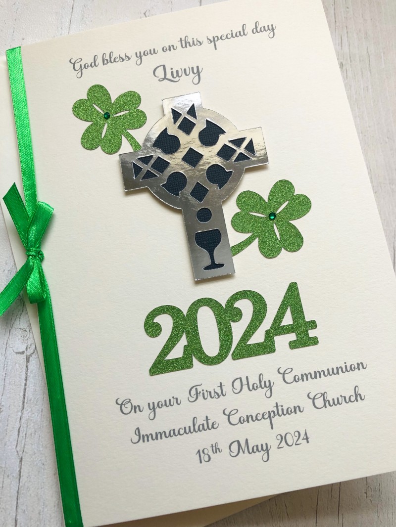 ***UK CUSTOMERS  ONLY*** Personalised Irish First Communion Card for Boy or Girl -  Celtic Cross and Shamrocks