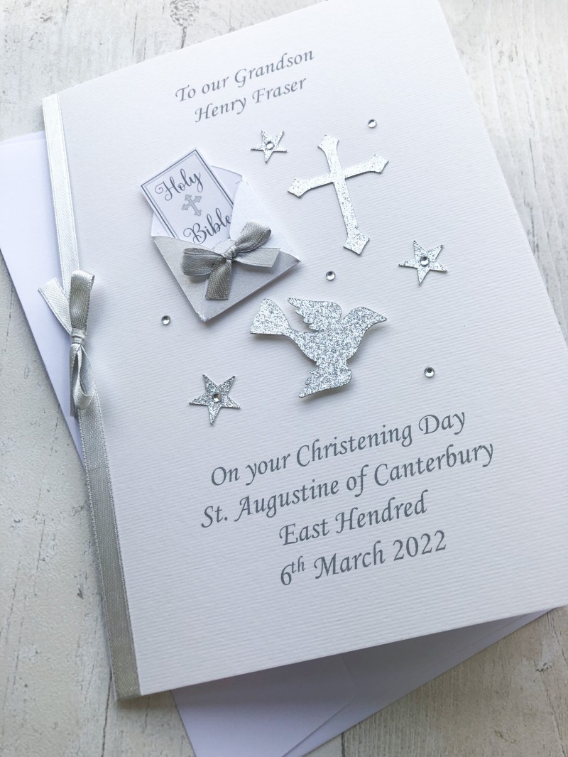 ***UK CUSTOMERS ONLY*** Silver Christening Card for Boy - Bible & Dove
