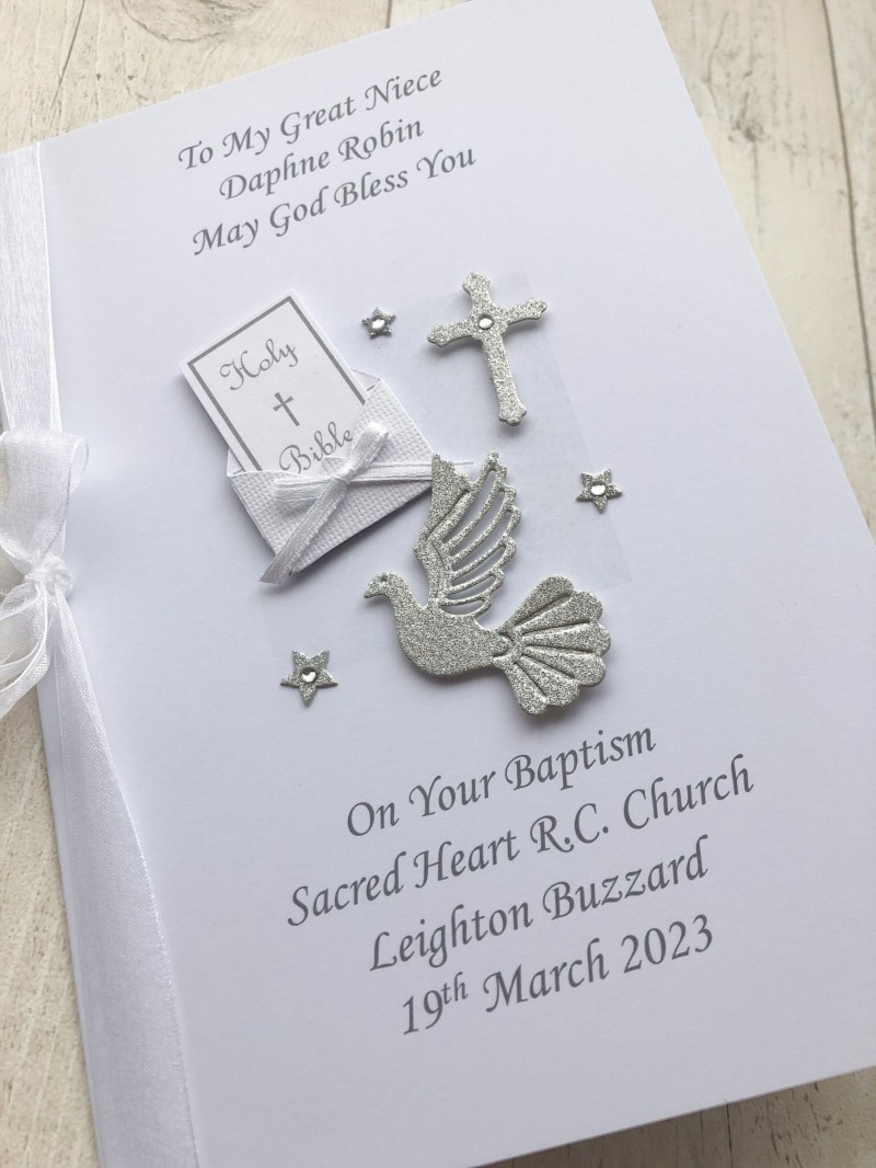 ***UK CUSTOMERS ONLY*** Silver Christening Card for Girl - Bible & Dove