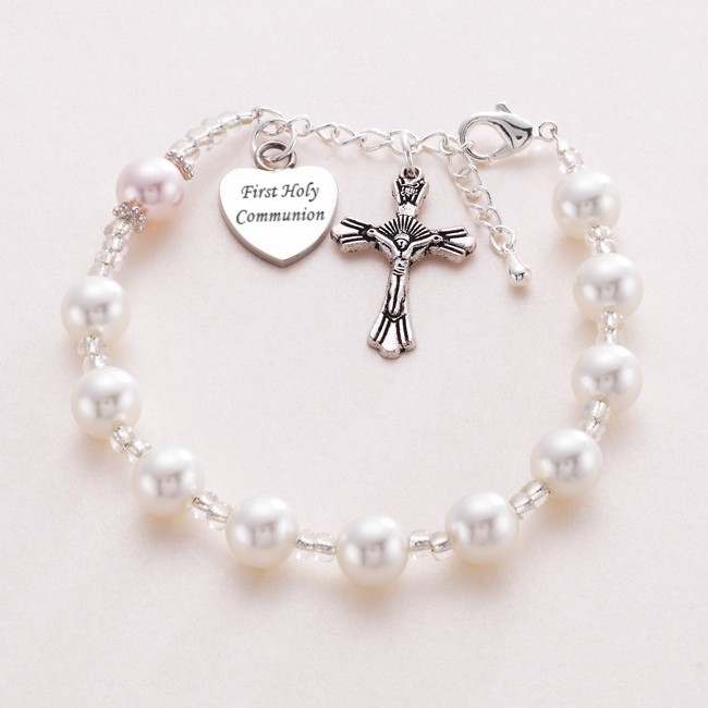 ***UK CUSTOMERS ONLY*** Preciosa Pearl Decade of Rosary Bracelet with Crucifix - Personalised Heart Charm