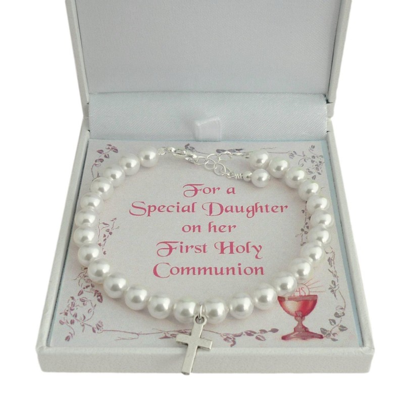 ***UK CUSTOMERS ONLY*** White Preciosa Pearls with Tibetan Silver Cross Bracelet