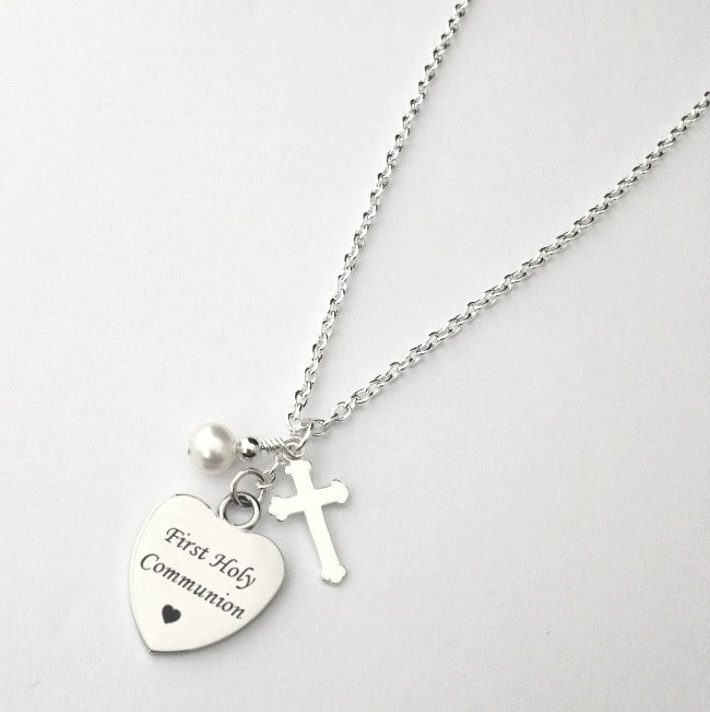 ***UK CUSTOMERS ONLY*** First Communion Trinity Cross Necklace with Personalised Heart Pendant