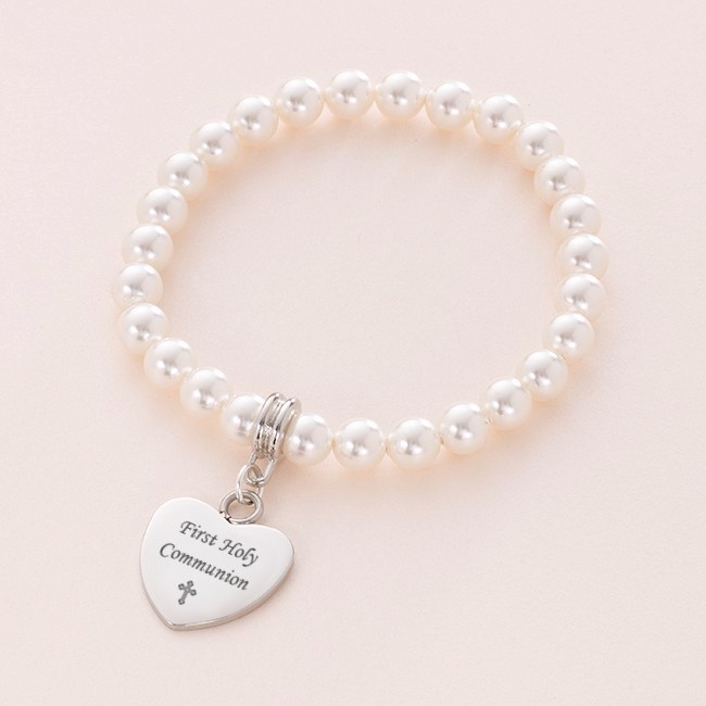 ***UK CUSTOMERS ONLY*** Girls Stretch Pearl First Communion Bracelet with Personalised Charm
