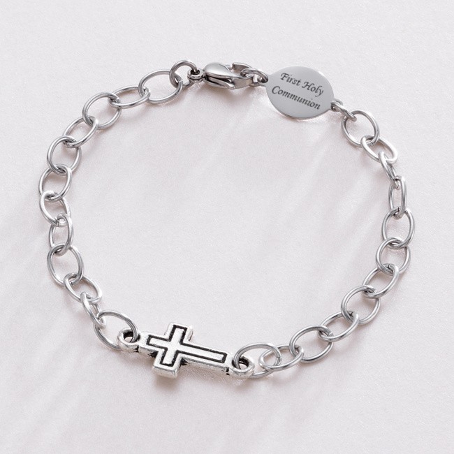 ***UK CUSTOMERS ONLY***Boys First Communion Bracelet with Cross and Engravable Oval Tag