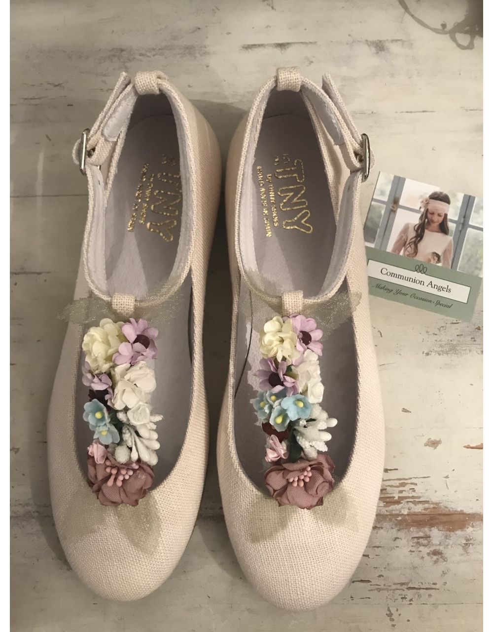Natural Linen Floral Communion Shoes