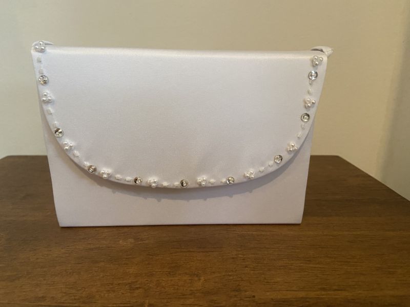 Little People White Satin Hard Bag Pearl & Sequin Edging Details - 6038