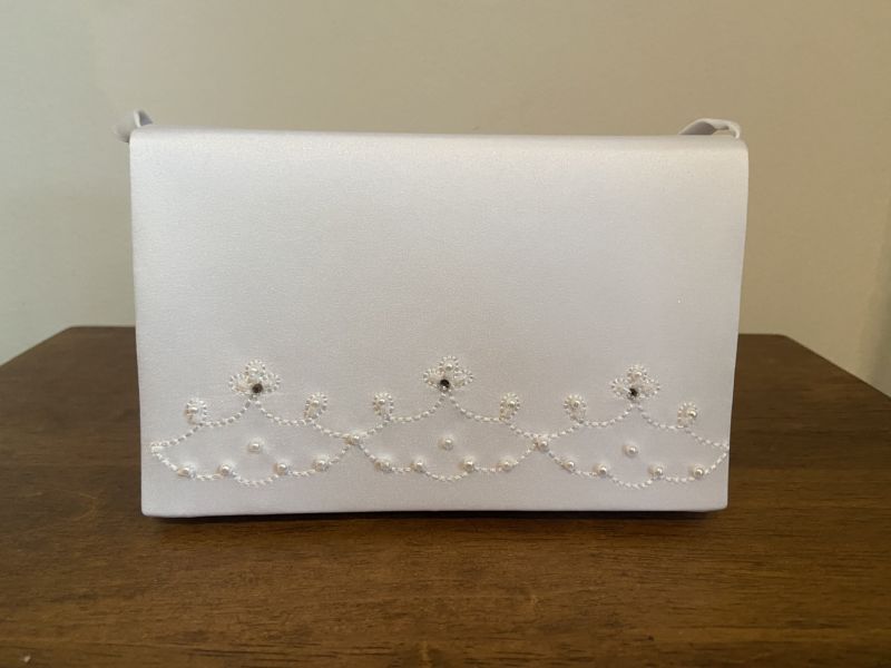 Little People White Satin Hard Bag Pearl & Diamante Details - 6041