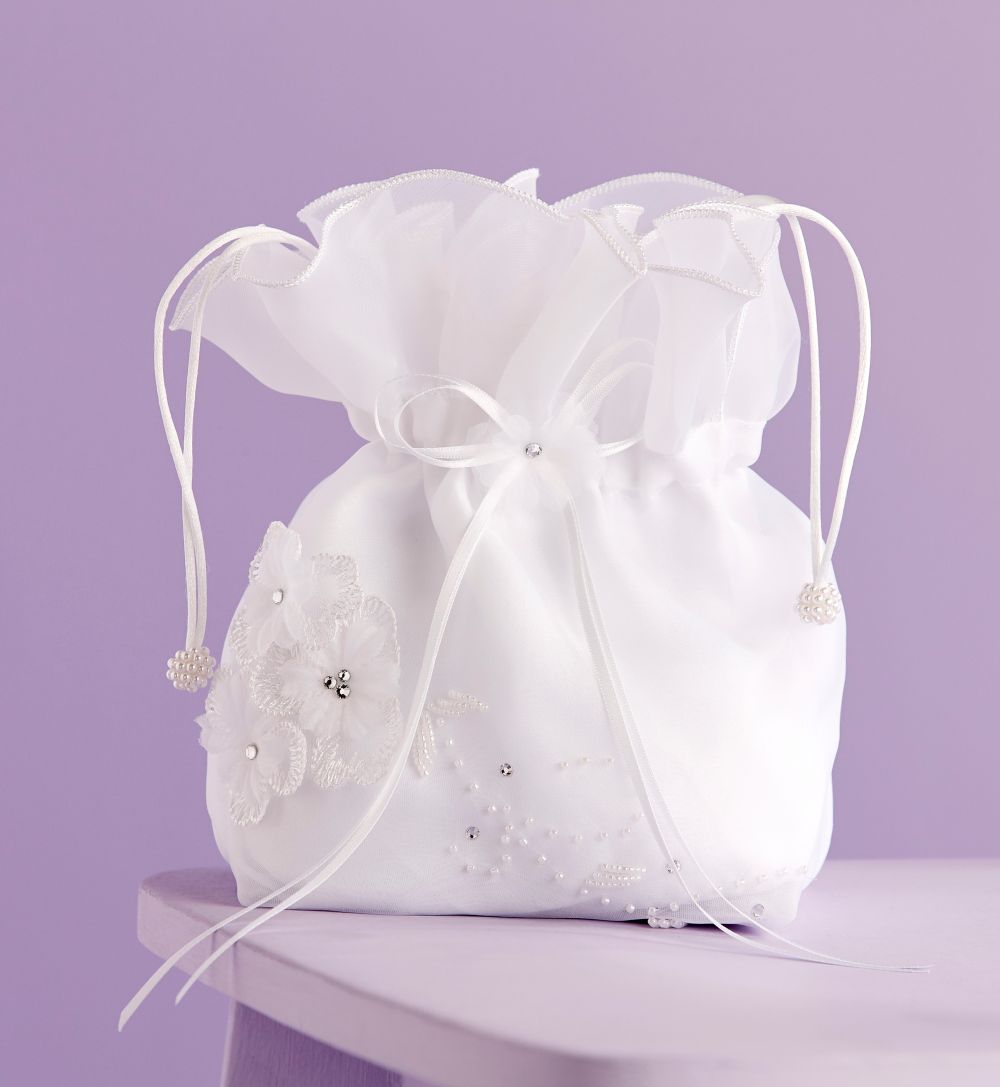 White Organza Communion Dolly Bag with Lace Flowers