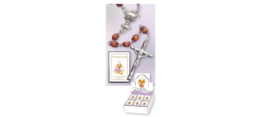 Wooden First Communion Rosary Beads with Eucharist Junction and Brown Wooden Beads