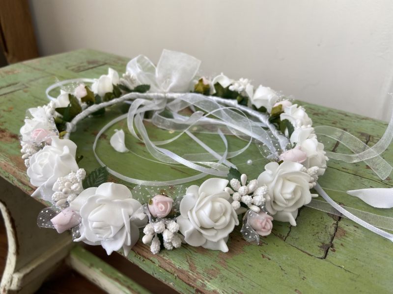 Pink & White Rose Flower Crown with organza ribbons