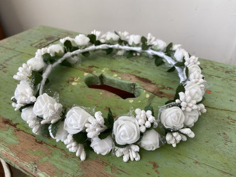 Wide White Rose Flower Crown with Pearls