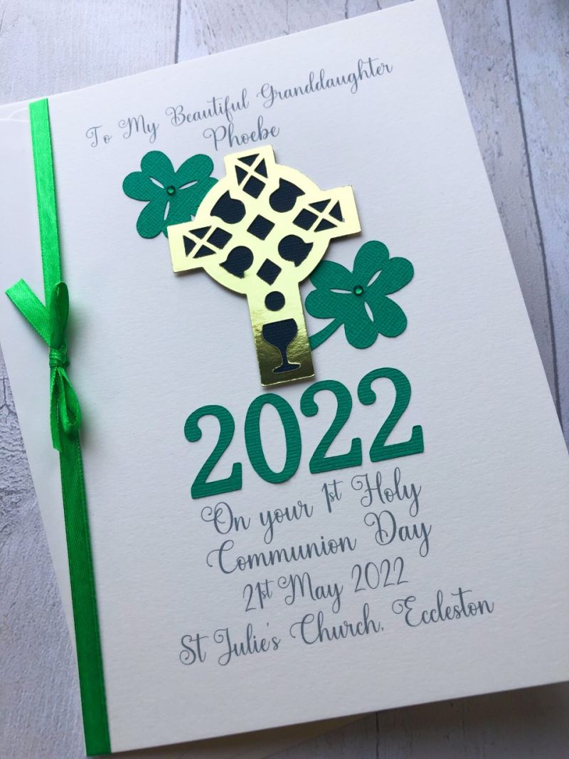 ***UK CUSTOMERS  ONLY*** Personalised Irish First Communion Card for Boy or Girl -  Celtic Cross and Shamrocks