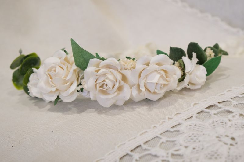 White Rose Flower Crown with Daisy Ribbon Tie
