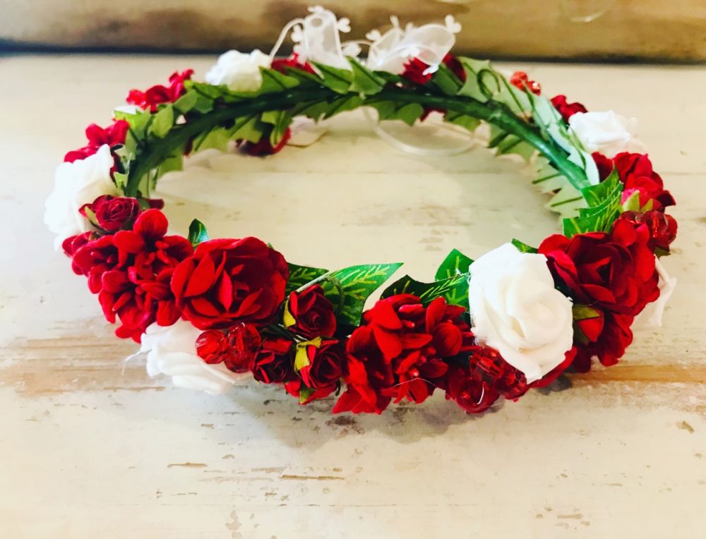 Handmade Red & White Floral Crown - Communion or Flower Girl