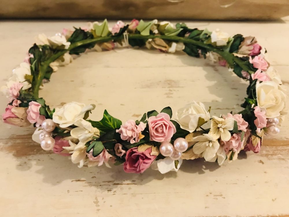 Handmade Floral Crown with Pinks & Creams - Communion or Flower Girl 