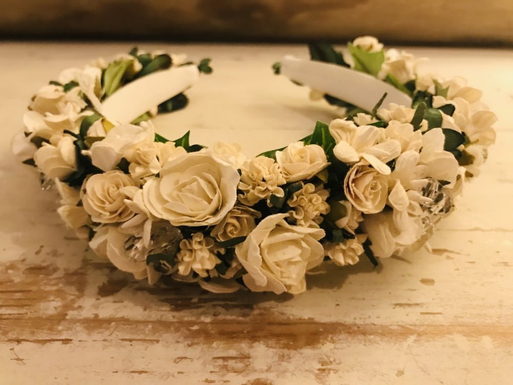 Handmade Floral Hairband with White Flowers & Glass Beads - Communion or Flower Girl 