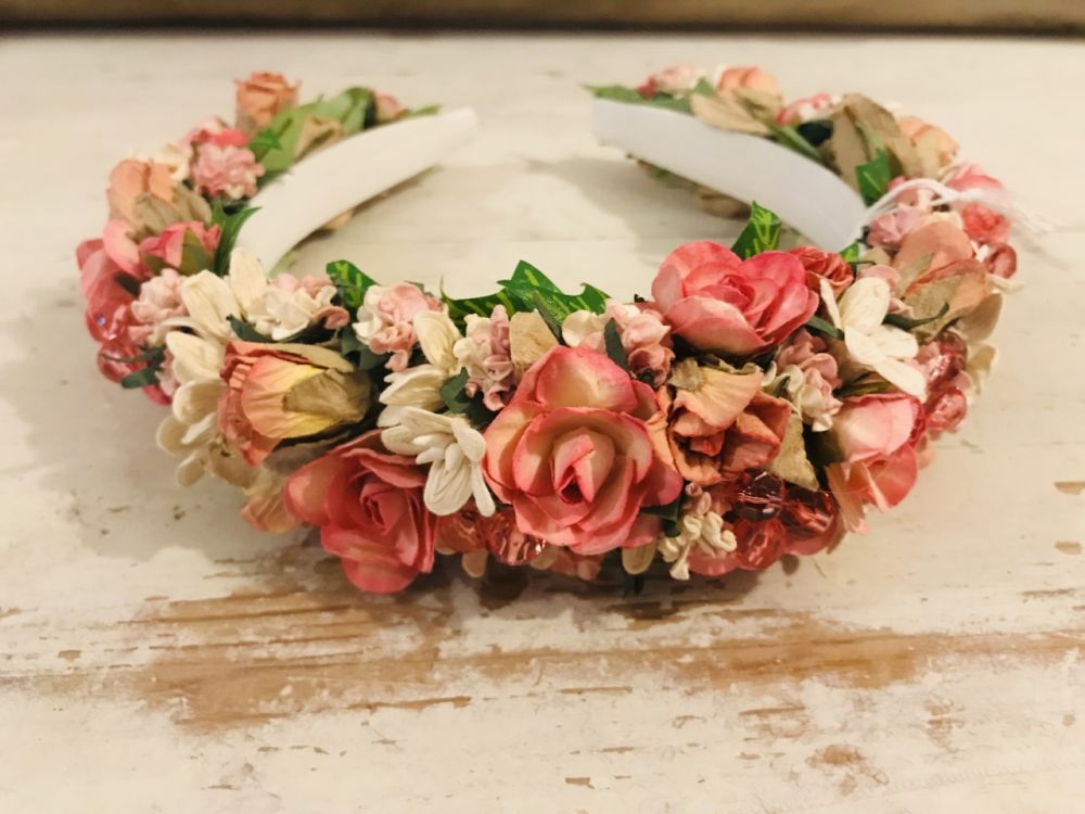 Handmade Floral Hairband with Pink & Cream Floral Tones - Communion or Flower Girl