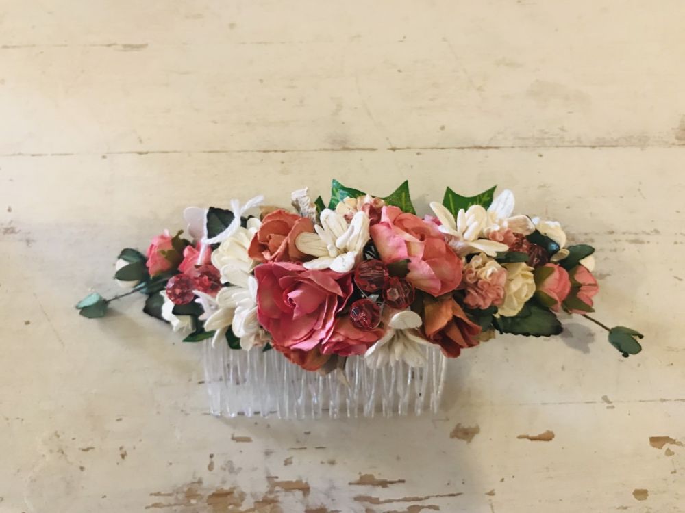Handmade Floral Comb with Pink & Cream Flowers & Glass Beads