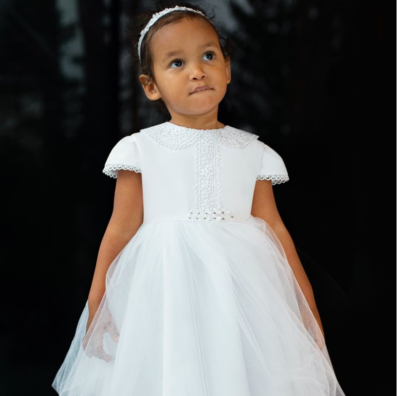 Short Sleeved White Christening Dress - Olivia
