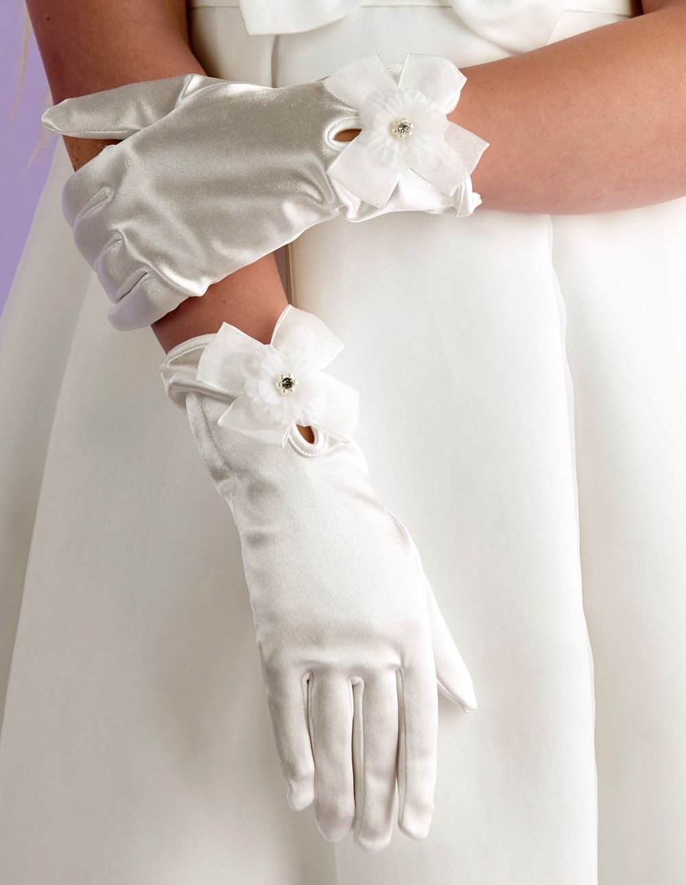 Girls Ivory Satin Holy Communion Gloves with Flower & Bow