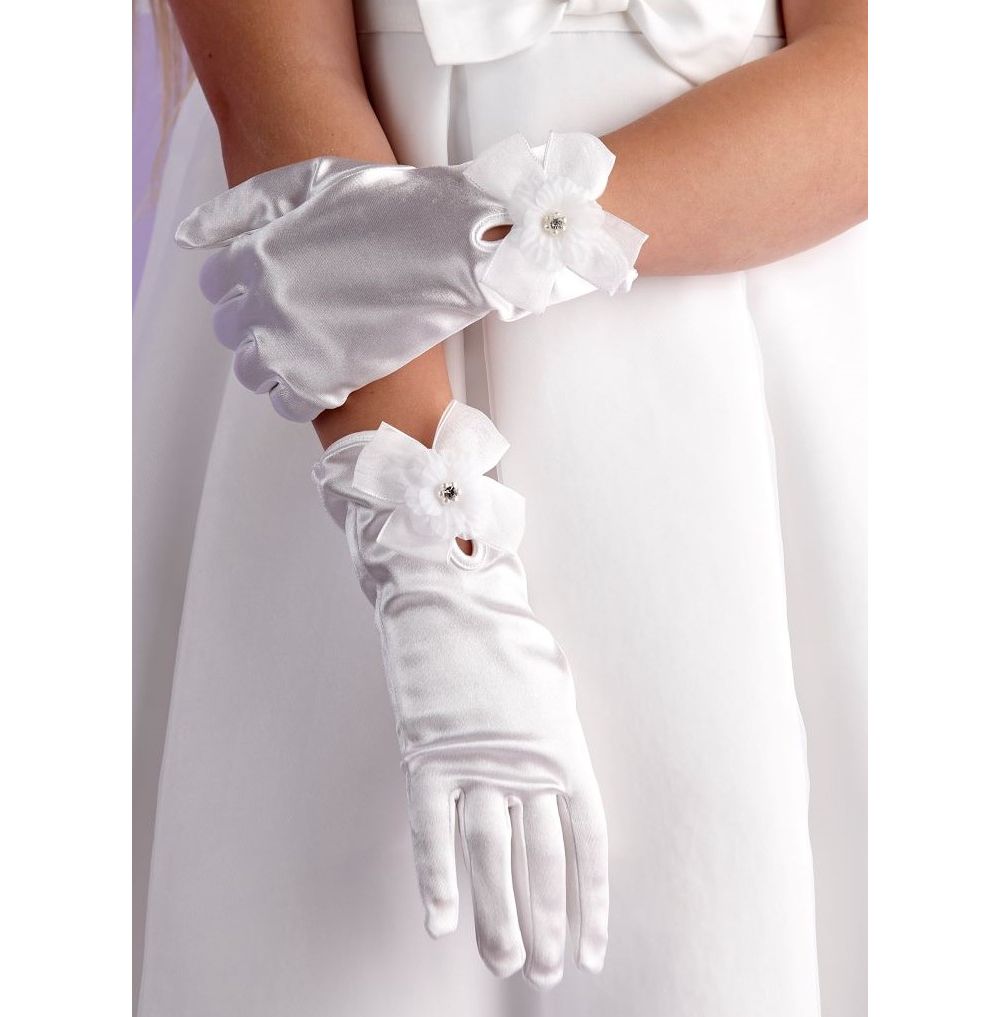 Girls White Satin Holy Communion Gloves with Flower & Bow