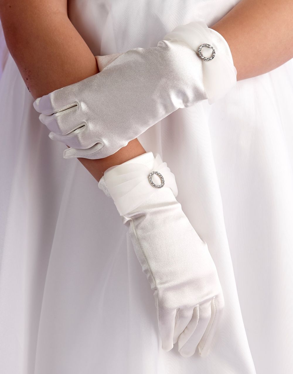 Girls Ivory Satin Holy Communion Gloves with Organza & Diamante