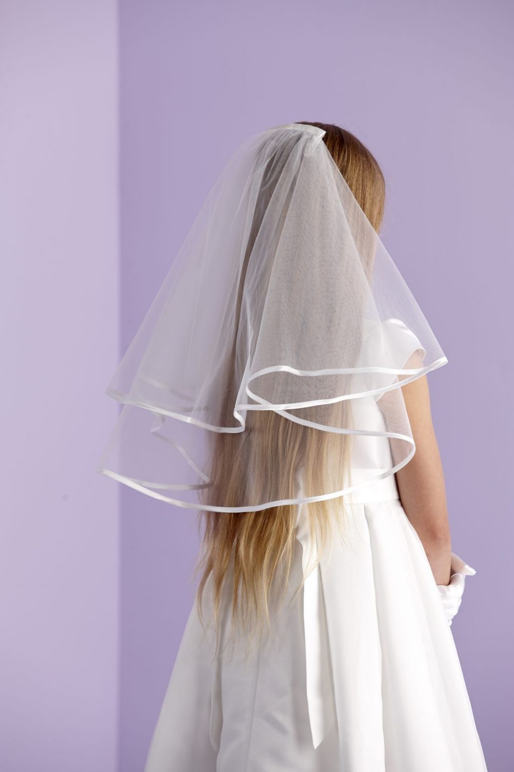 Classic two-tiered ivory communion veil with satin edge