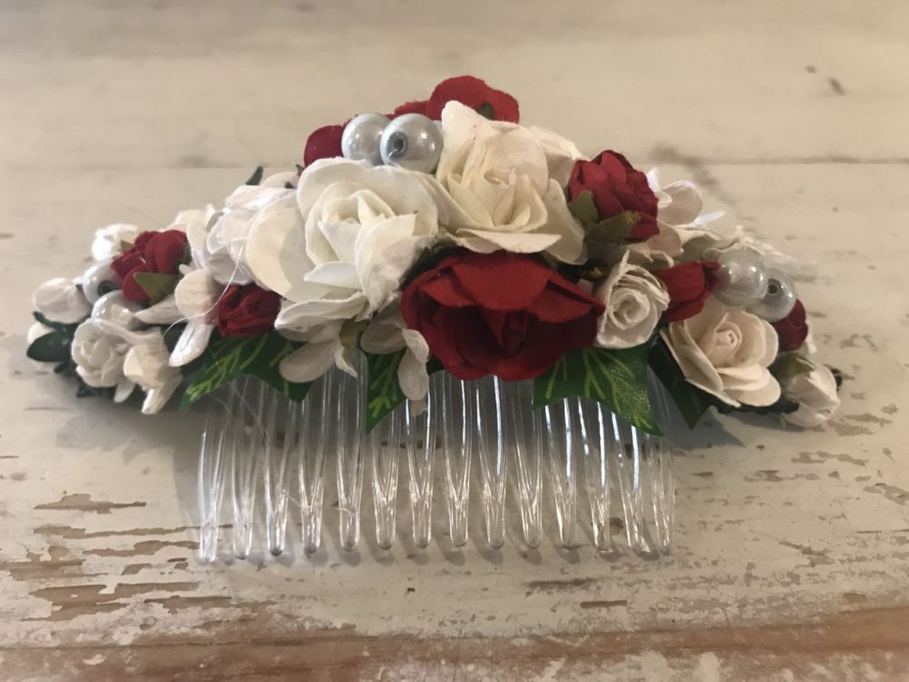 Handmade Floral Comb with Red & White Flowers & White Pearls - Communion or Flower Girl