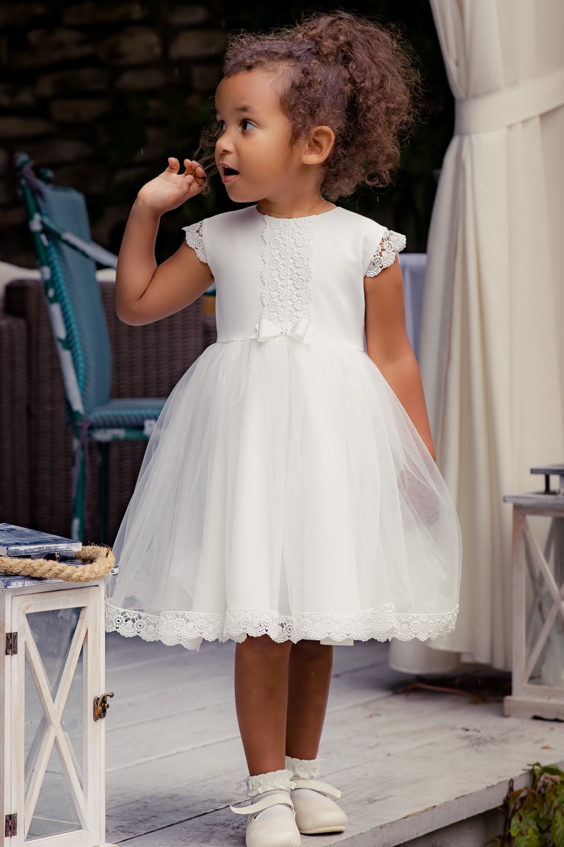 Capped Lace Sleeve Ivory Christening Dress - 