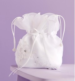 White Satin Communion Dolly Bag with Organza Flowers