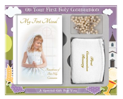 Girls Boxed First Communion Gift Set - First Communion Rosary, Purse & Missal - C5191