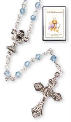 Boys Blue & Silver First Communion Rosary with Case and Prayer Card