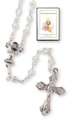 Girls Crystal & Silver First Communion Rosary with Case and Prayer Card