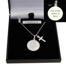 ***UK CUSTOMERS ONLY***925 Sterling Silver St Christopher Necklace and Cross with Engraving