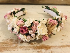 Handmade Floral Hairband with Pink & Cream Flowers - Communion or Flower Girl