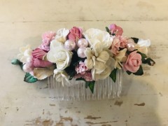 Handmade Floral Comb with Light Pink & Cream Flowers & Pink Pearls - Communion or Flower Girl 