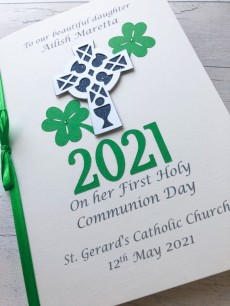 Personalised Irish First Communion Card for Boy or Girl -  Celtic Cross and Shamrocks